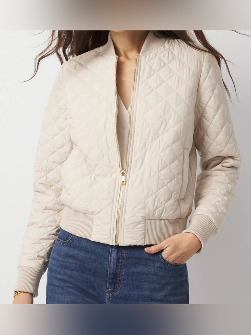 Elie Tahari Women’s Quilted Bomber Jacket in Cream with pockets Size Medium